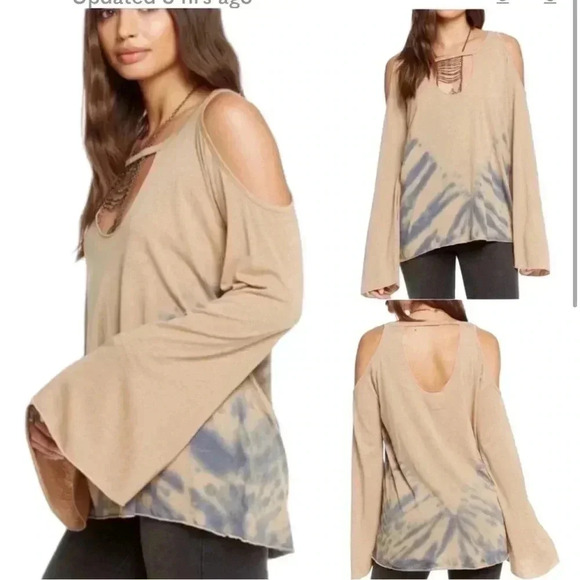 Chaser Tops - NWT Chaser Cold Shoulder Top Small Tan Blue Cutouts Tie Dye Long Bell Sleeves